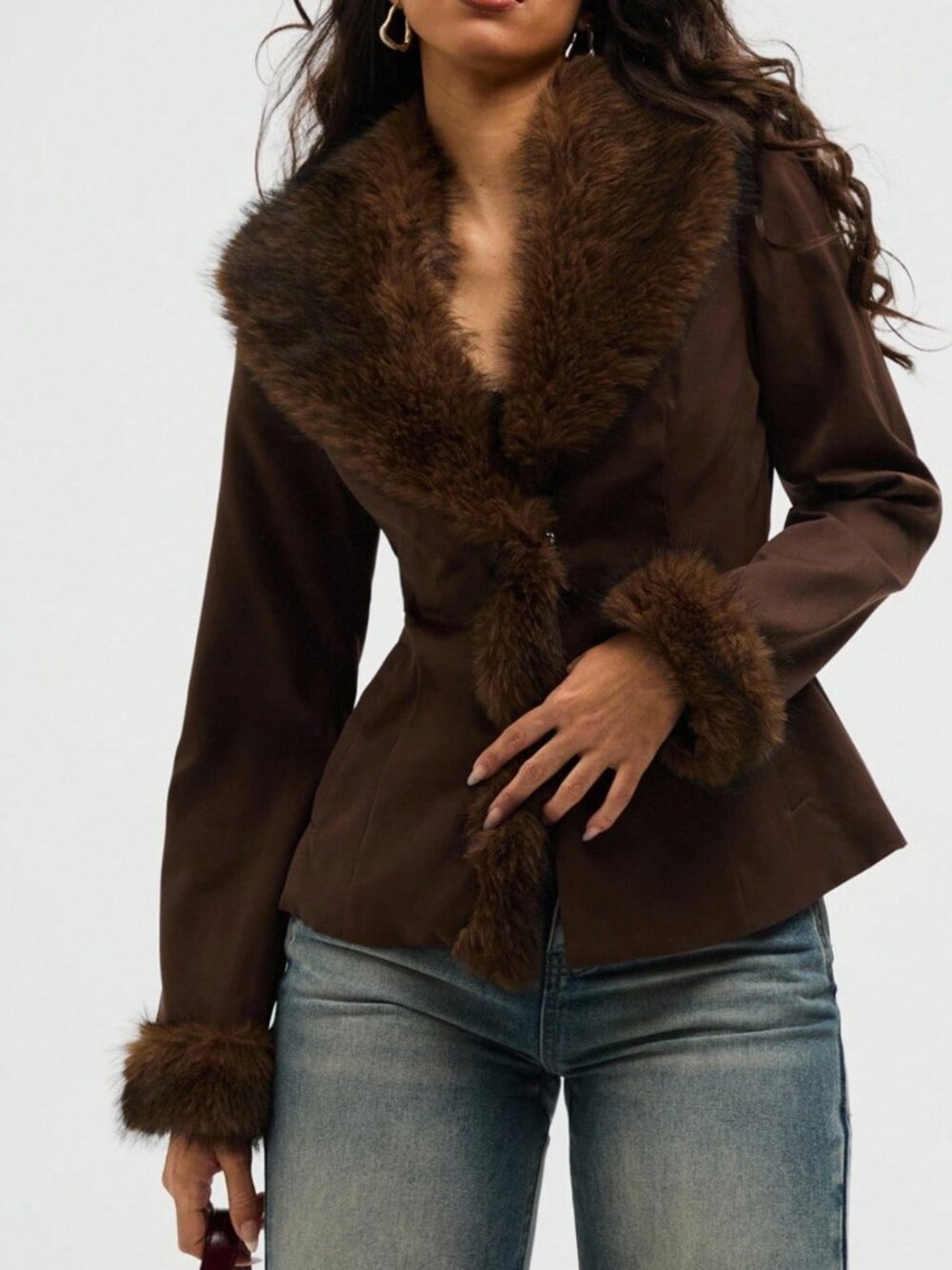 Brown Casual Women's Faux Fur Patchwork Coat